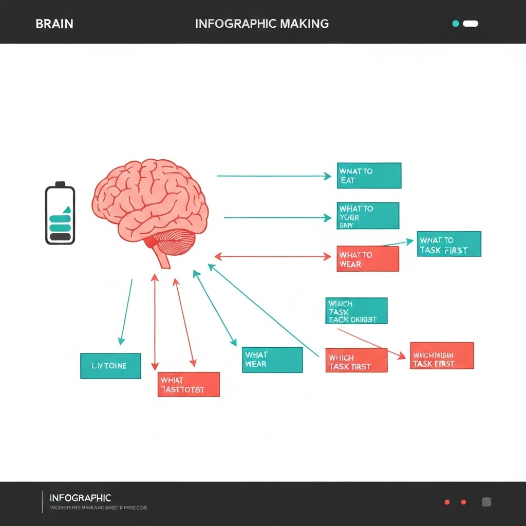 Infographic showing a brain with a depleting battery icon and arrows pointing to many small daily decisions