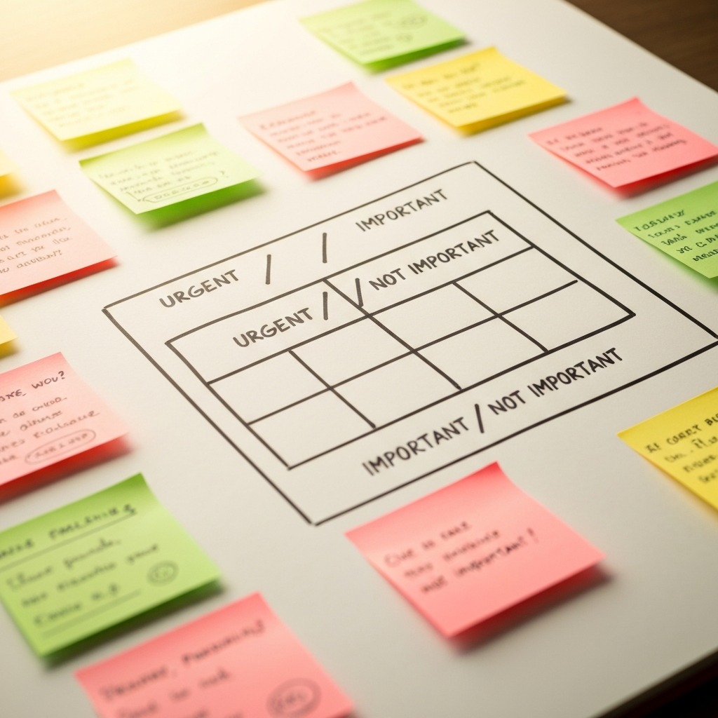 Clean notebook page showing a simple 2x2 decision matrix with urgent vs important quadrants