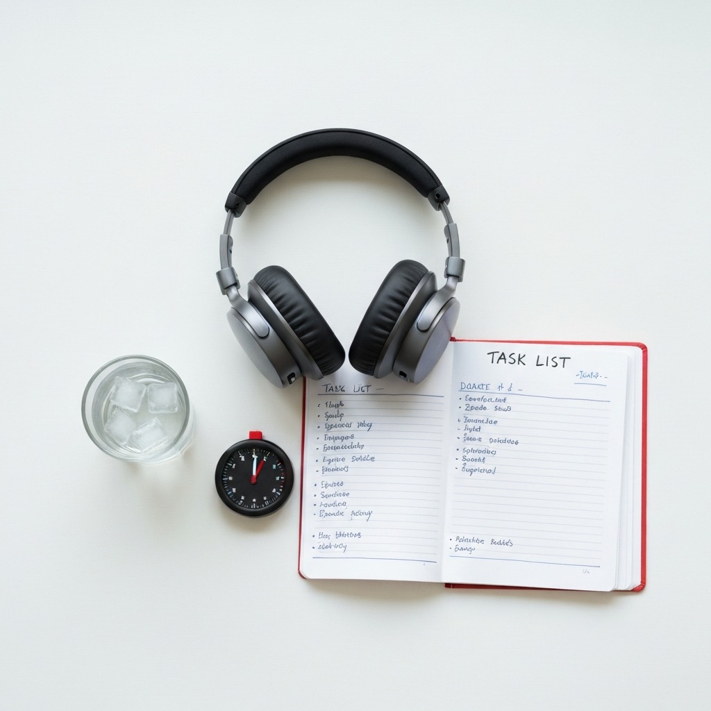 Overhead flatlay of noise-cancelling headphones with focus tools: timer, task list, glass of water on a clean desk