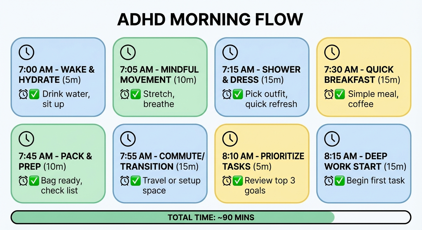 ADHD morning routine visual checklist showing step-by-step morning sequence with time estimates for each task