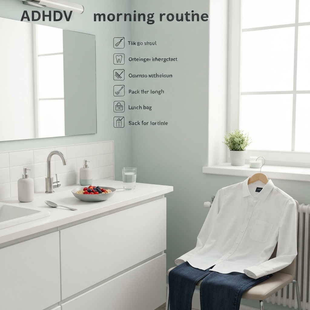 ADHD morning routine common failures and solutions guide showing phone in bedroom, no snooze strategy, visual cues