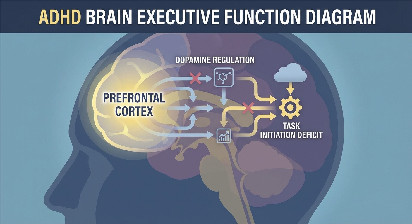 ADHD brain executive function diagram showing prefrontal cortex dopamine regulation and task initiation difficulty