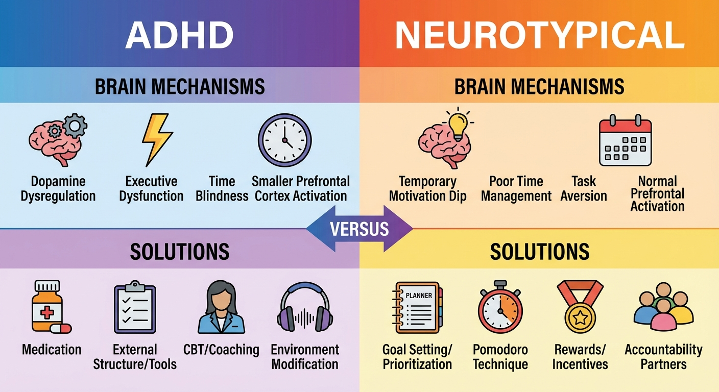 ADHD procrastination vs neurotypical procrastination comparison chart showing different brain mechanisms and solutions