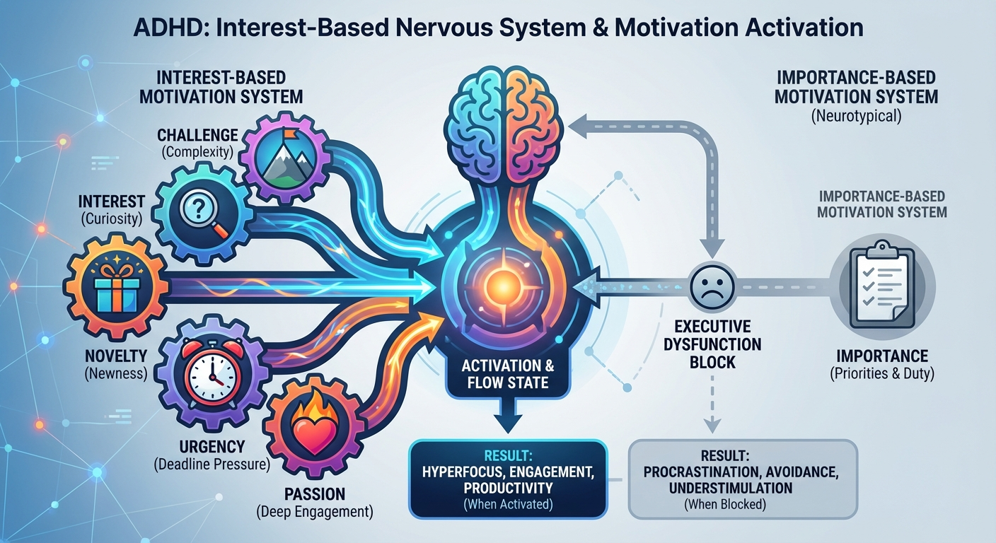 ADHD interest-based motivation diagram showing activation factors interest challenge novelty urgency passion versus importance