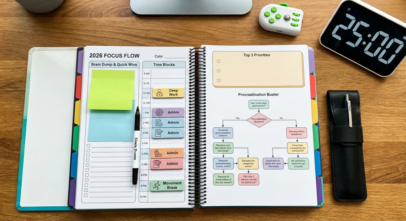 ADHD executive function tools planner whiteboard time timer headphones for overcoming procrastination