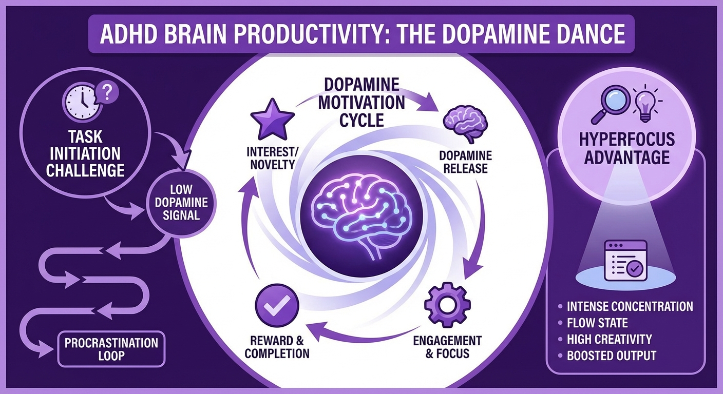 How the ADHD brain approaches productivity differently: hyperfocus, dopamine cycles and task initiation explained