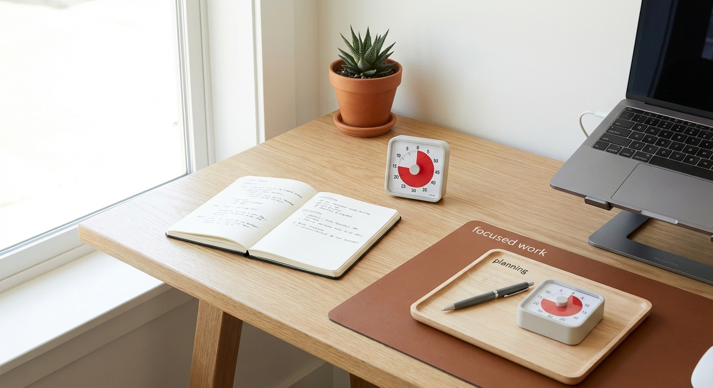 The ADHD-optimised desk: one notebook, one timer, zero visual clutter — environment design beats willpower