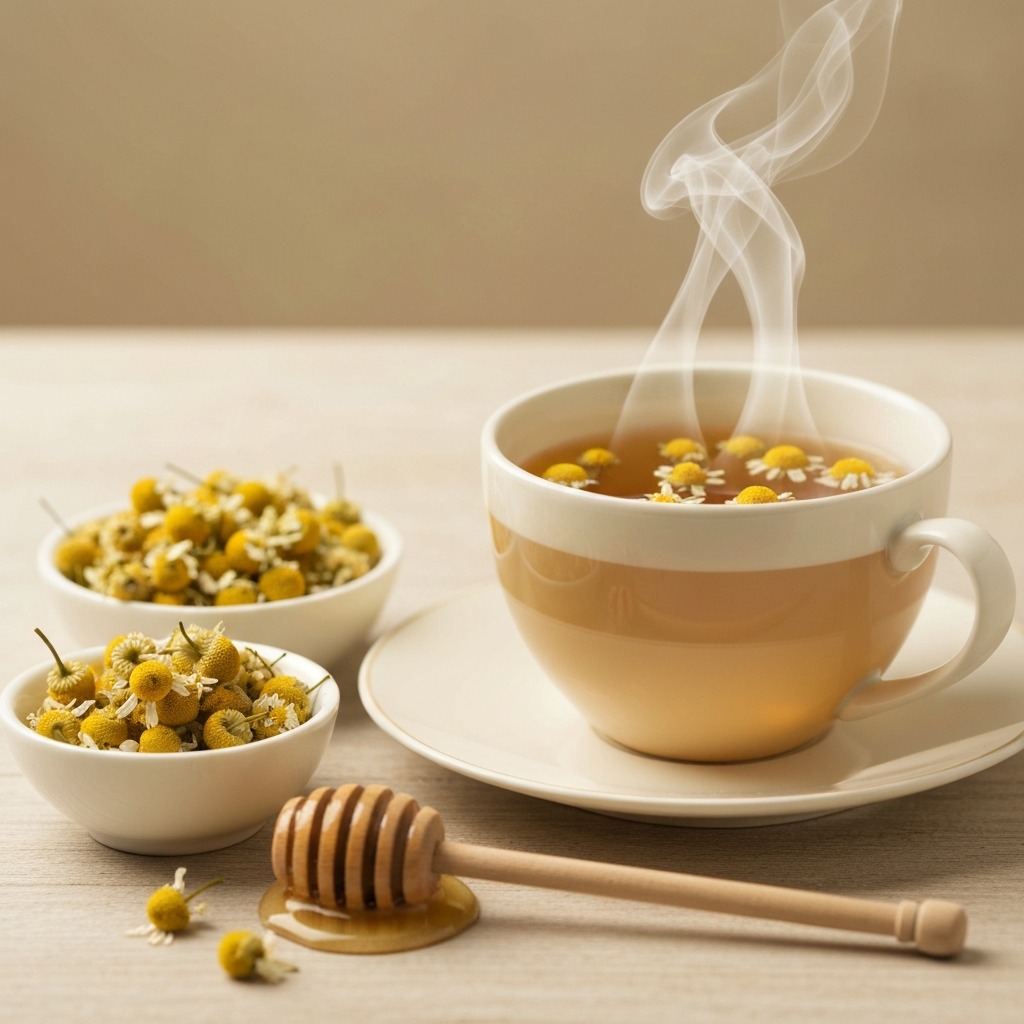 Pale golden chamomile tea with dried chamomile flowers