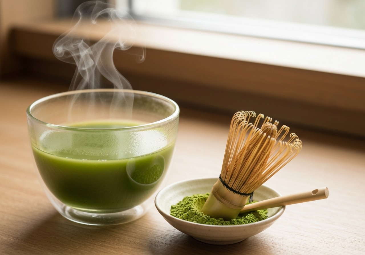 Close-up of vibrant green matcha tea with bamboo whisk and matcha powder
