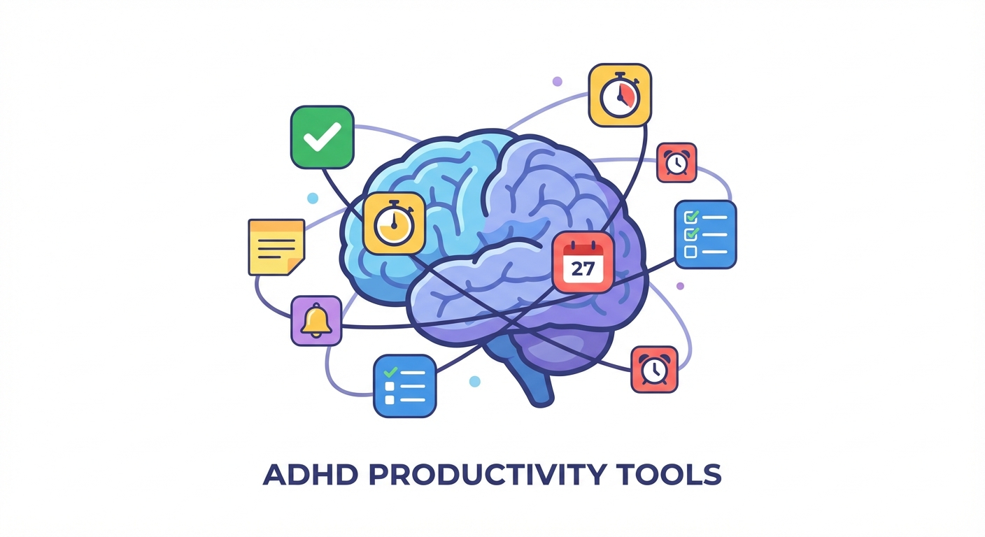 Illustration of a brain with scattered colorful app icons orbiting around it, representing the ADHD search for the right productivity tool