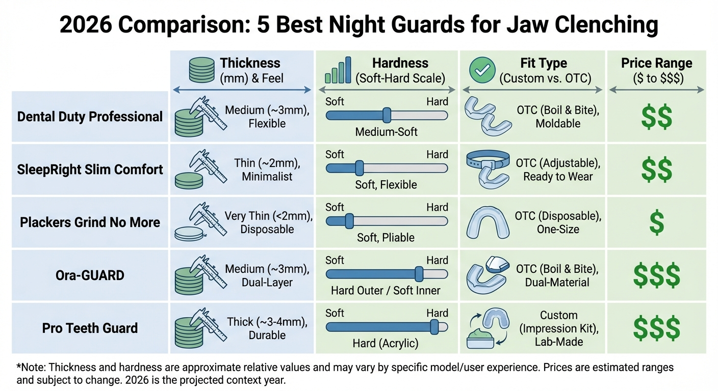 Comparison infographic of 5 best night guards for jaw clenching in 2026 showing price, thickness, and fit type
