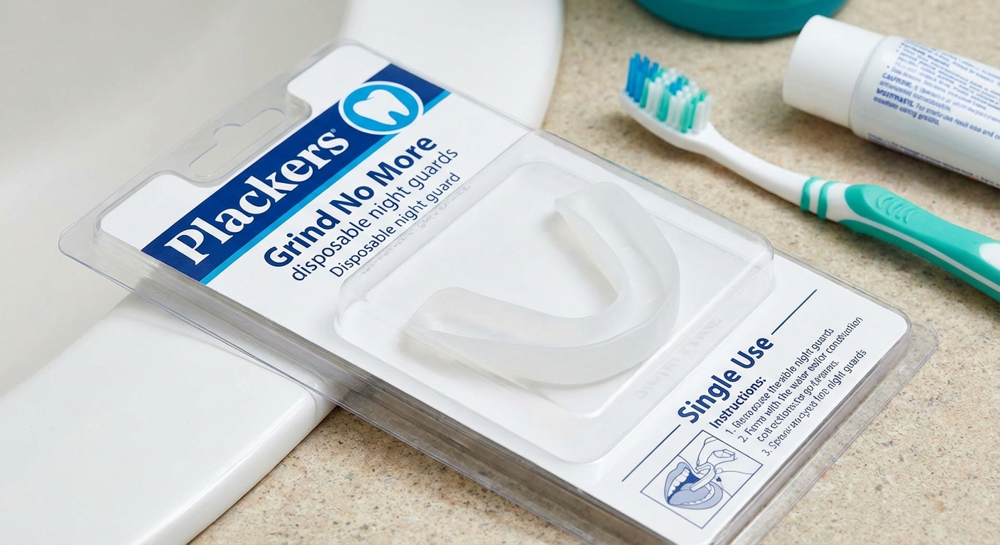 Plackers Grind No More disposable night guards packaging and individual guards