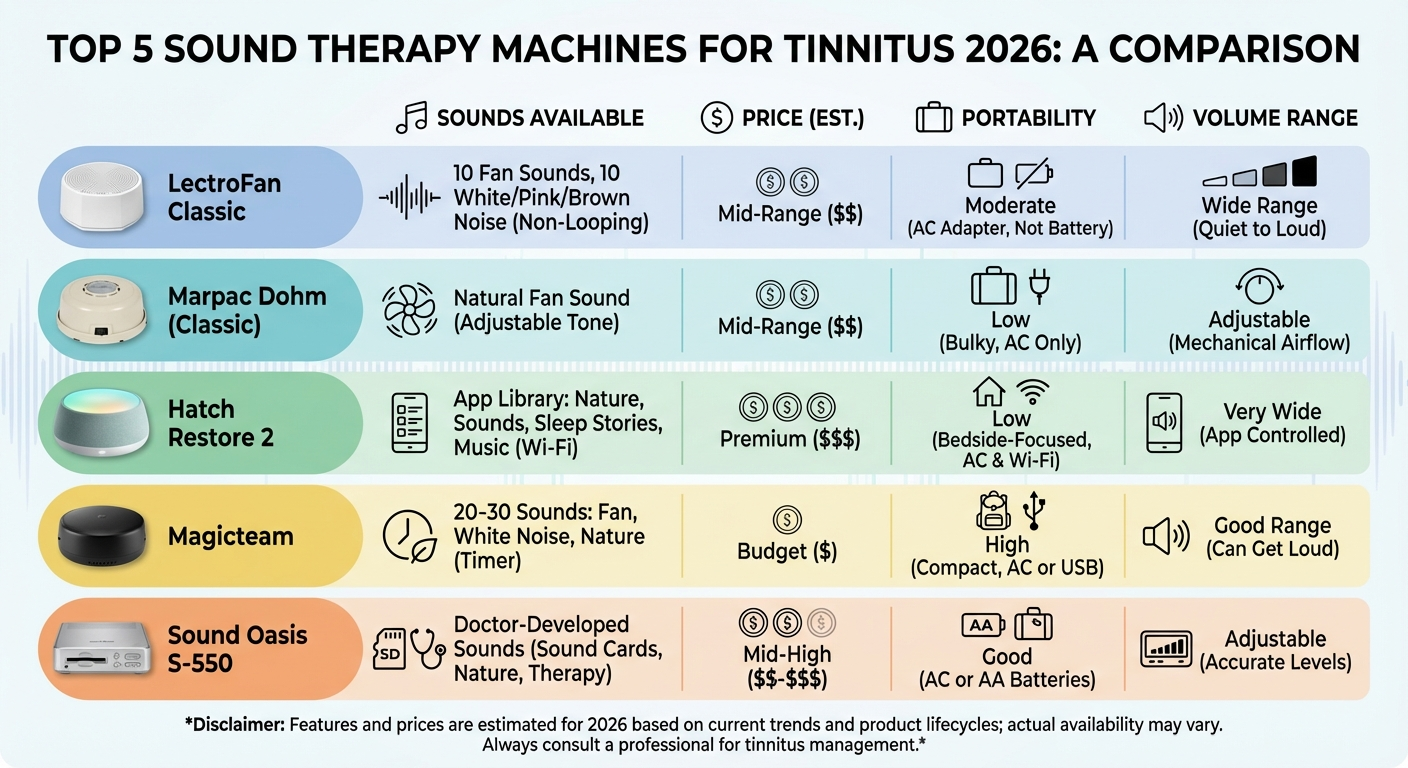 Comparison infographic of the 5 best sound therapy machines for tinnitus in 2026 showing features, price, and ratings for LectroFan Classic, Marpac Dohm, Sound Oasis S-550, Hatch Restore 2, and Magicteam