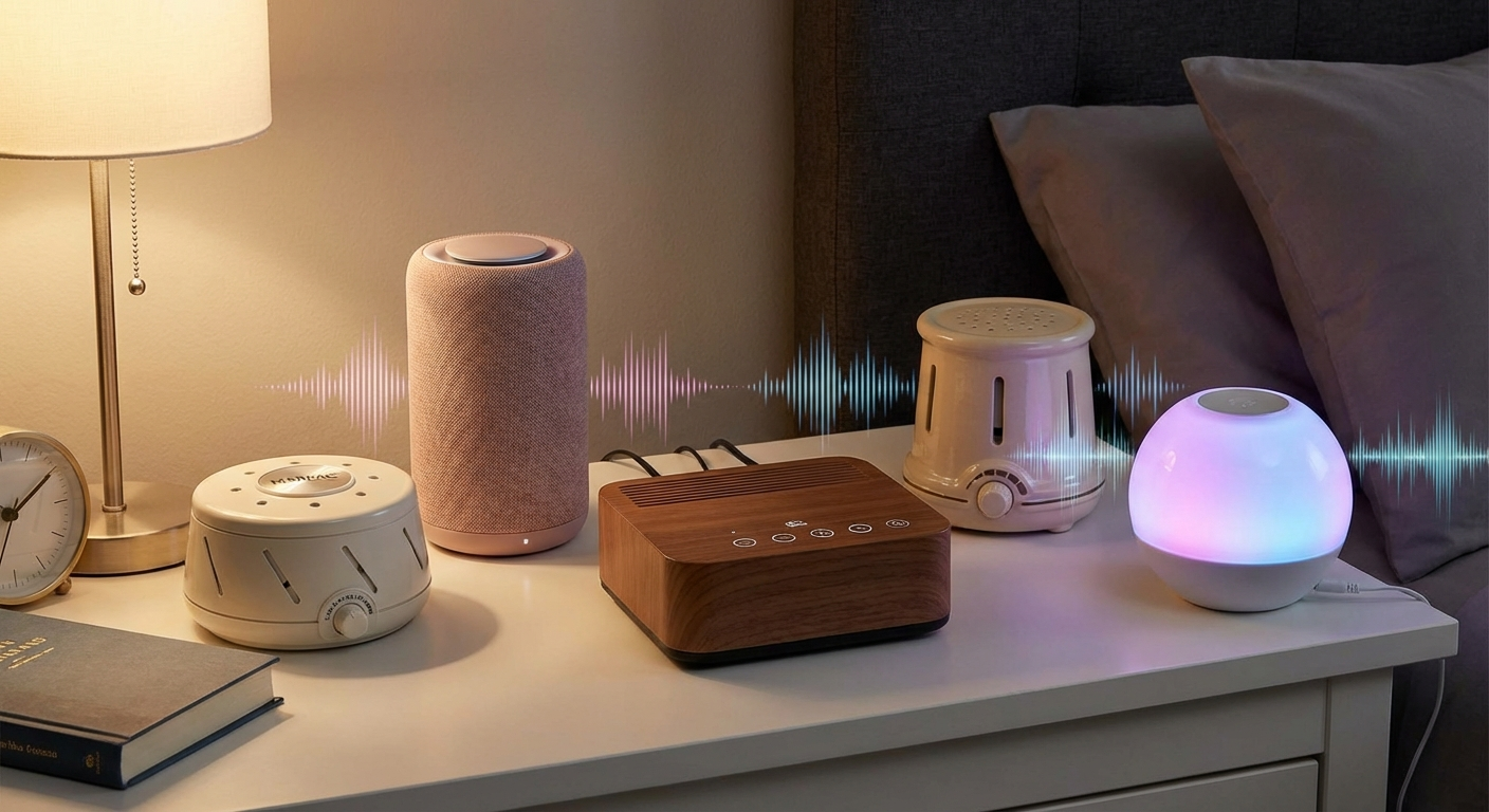 Collection of the 5 best sound therapy machines for tinnitus arranged on a bedside table showing different styles including white noise machines and pink noise speakers