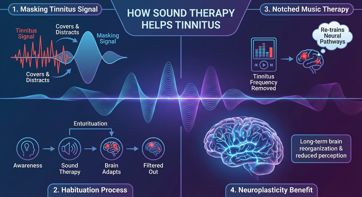 Infographic explaining how sound therapy helps tinnitus through masking, habituation, notched therapy, and neuroplasticity