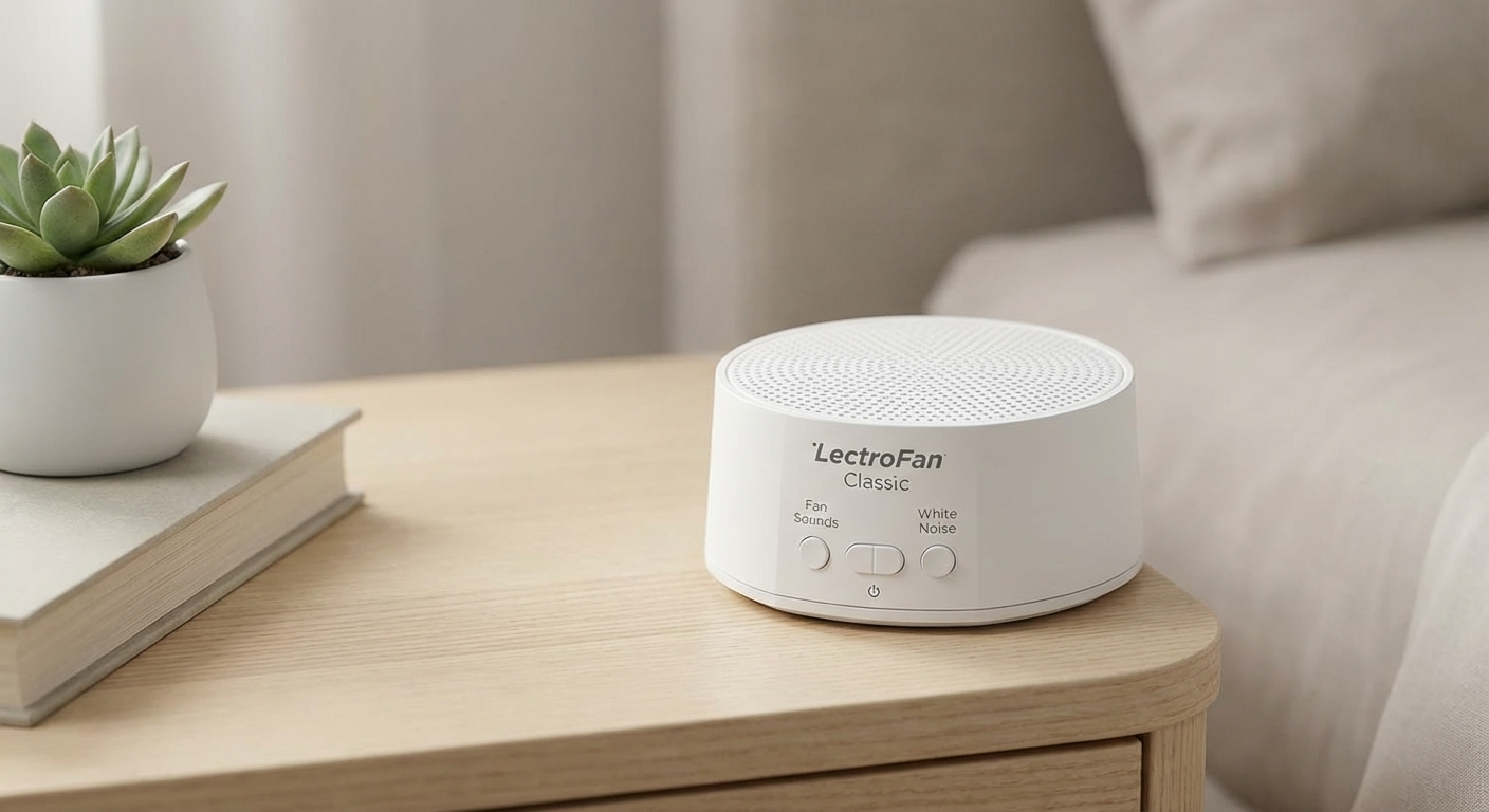 LectroFan Classic white noise machine showing compact white device designed for tinnitus relief with fan and white noise sound options