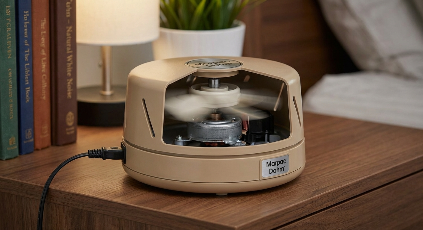Marpac Dohm classic sound machine in tan showing mechanical fan design that creates natural white noise for tinnitus relief