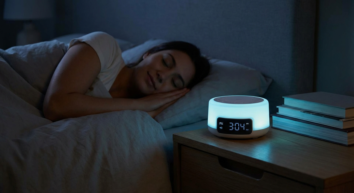 Person sleeping peacefully with a sound therapy machine on the bedside table providing tinnitus relief throughout the night
