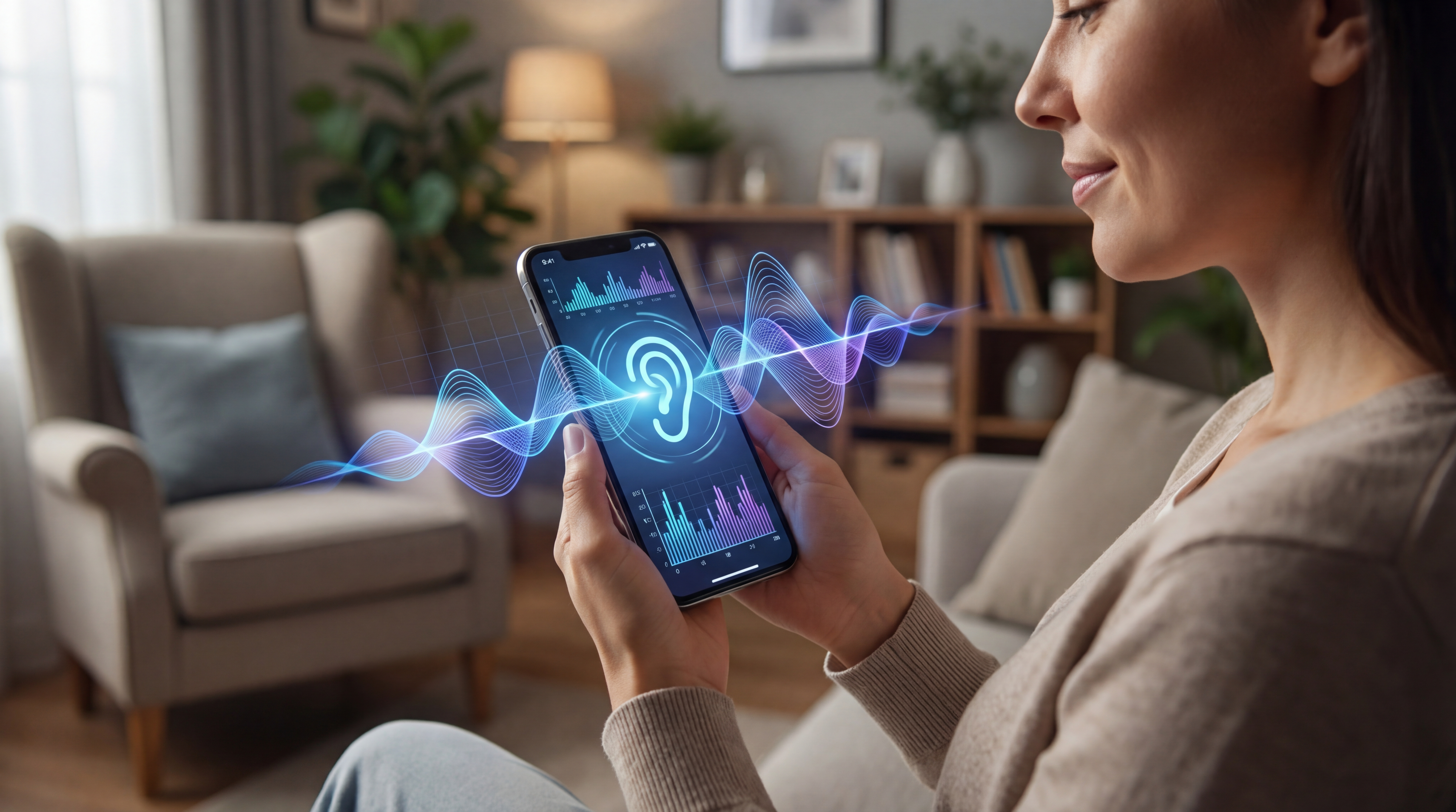 Person using smartphone tinnitus relief app with sound waves visualization