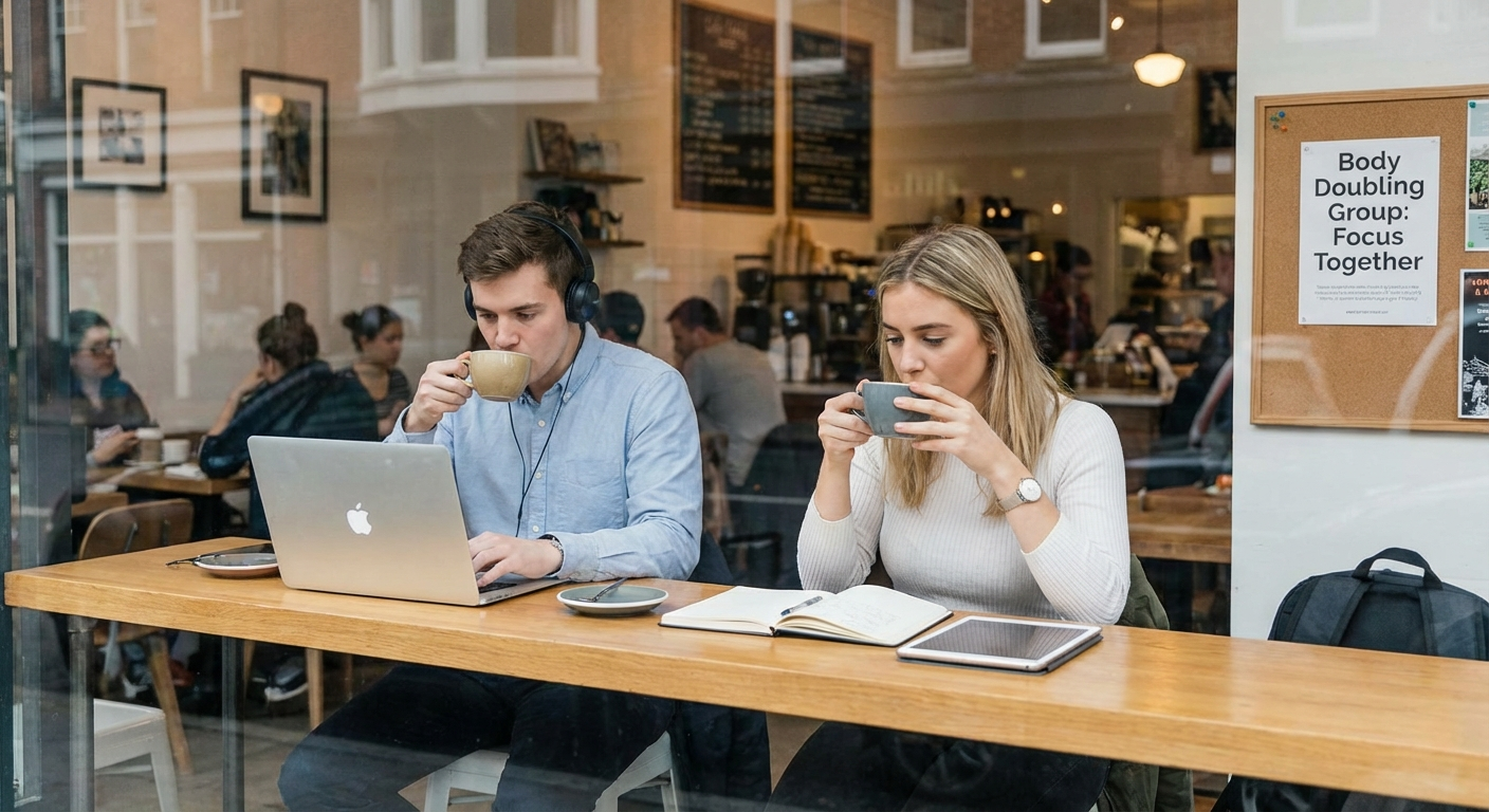 Two people sitting across from each other at a library table, each focused on their own work