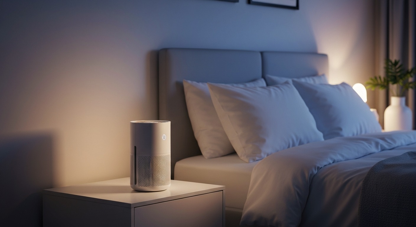 Levoit Core 300 air purifier in bedroom at night showing quiet operation for sleep