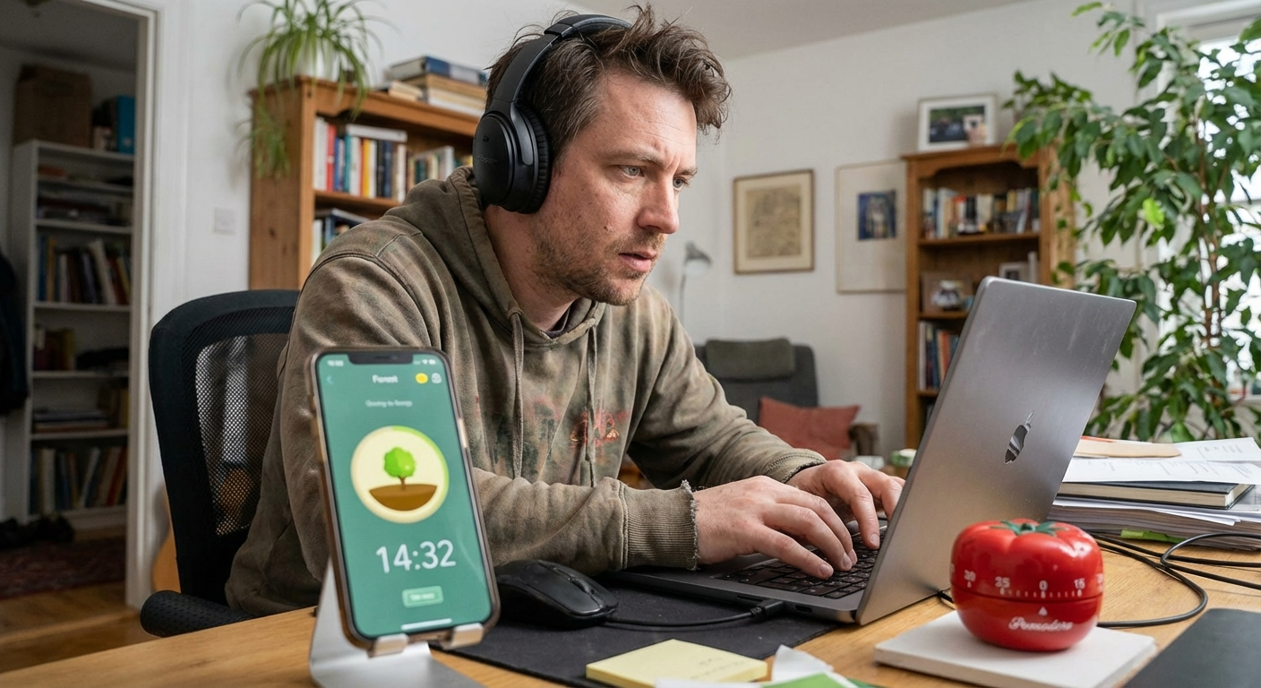 Person with ADHD using Pomodoro timer on phone focused at desk