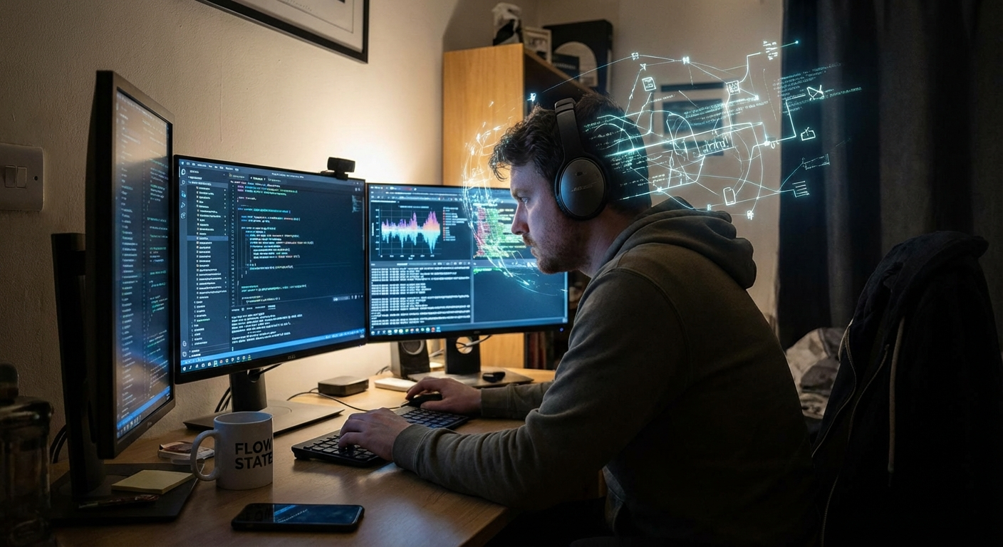 Person in deep hyperfocus state working productively on computer