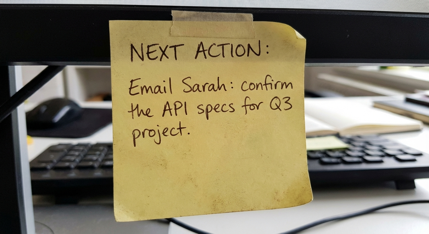 Sticky note with specific next action written before taking Pomodoro break
