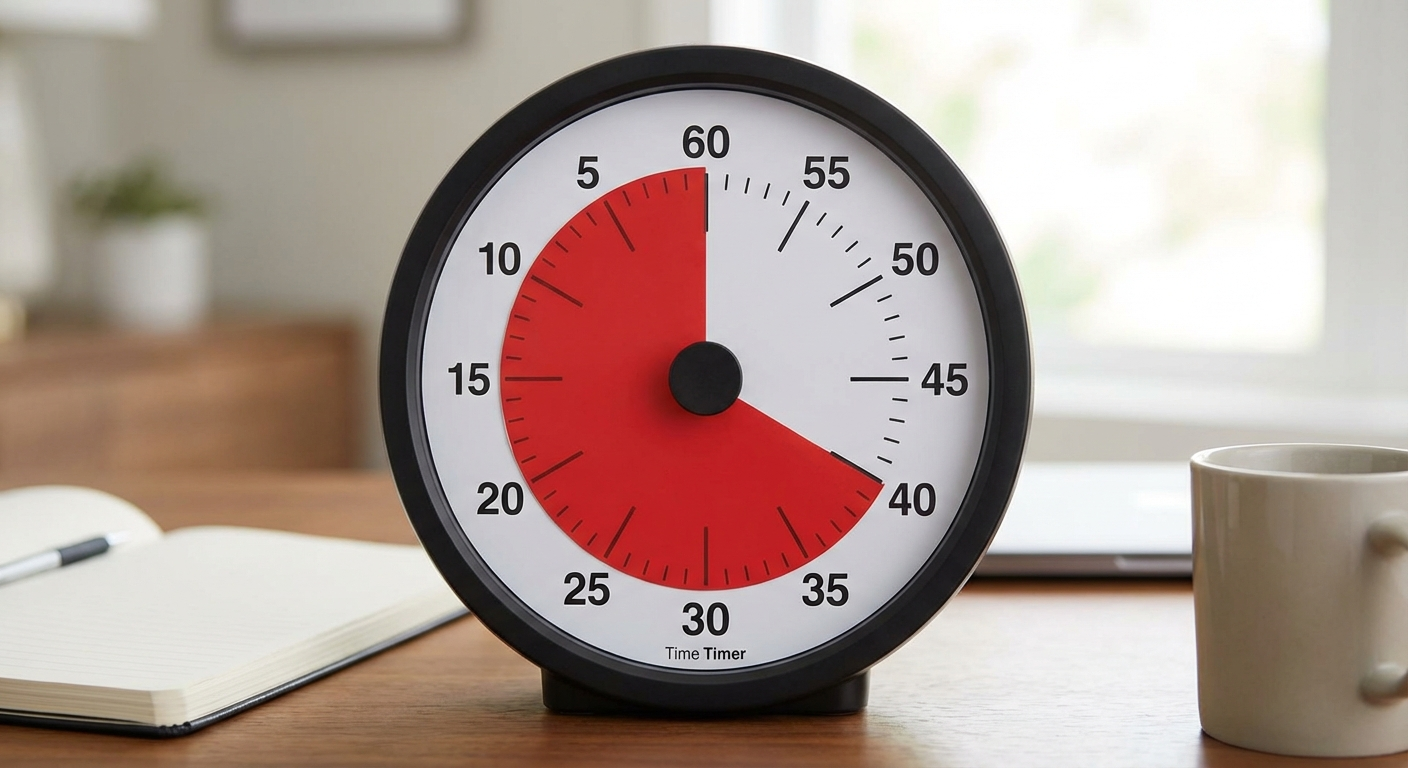 Visual Time Timer with red wedge decreasing showing time awareness for ADHD