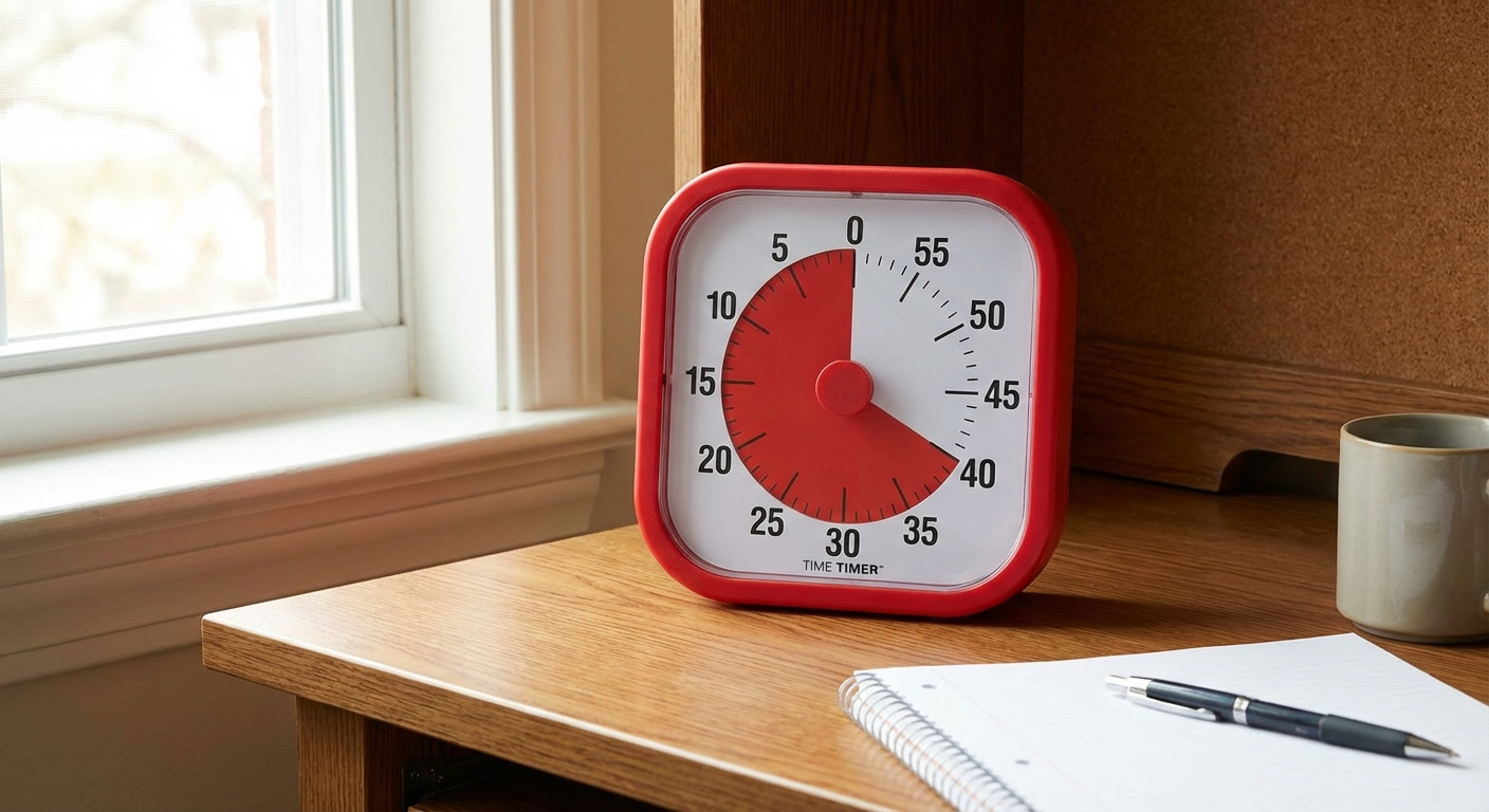 The Time Timer makes time physically visible — the shrinking red arc creates urgency without anxiety