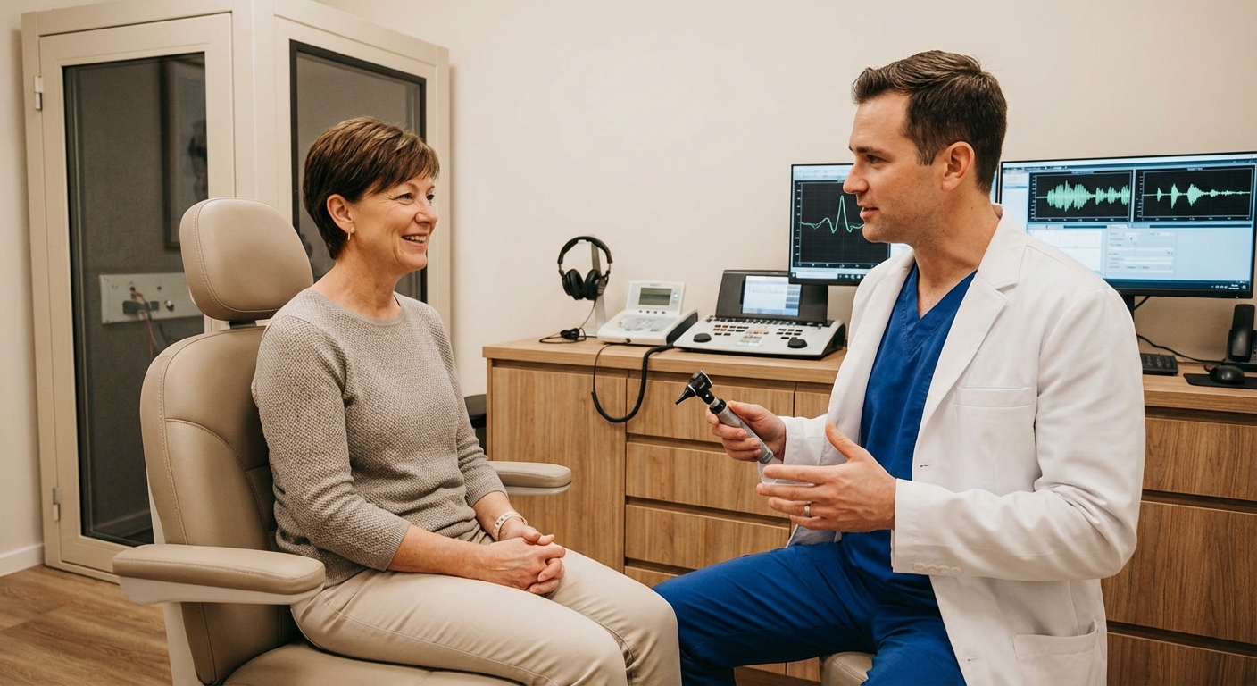 Patient in audiologist office having consultation, audiologist holding otoscope, modern well-equipped examination room