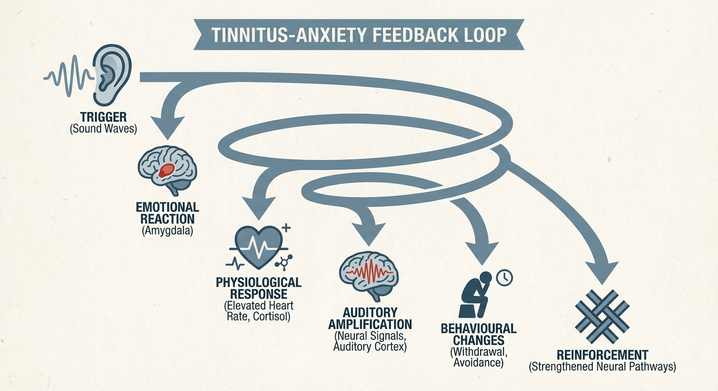 Six-stage tinnitus-anxiety feedback loop infographic: Trigger → Emotional Reaction → Physiological Response → Auditory Amplification → Behavioural Changes → Reinforcement, with circular arrow showing the cycle