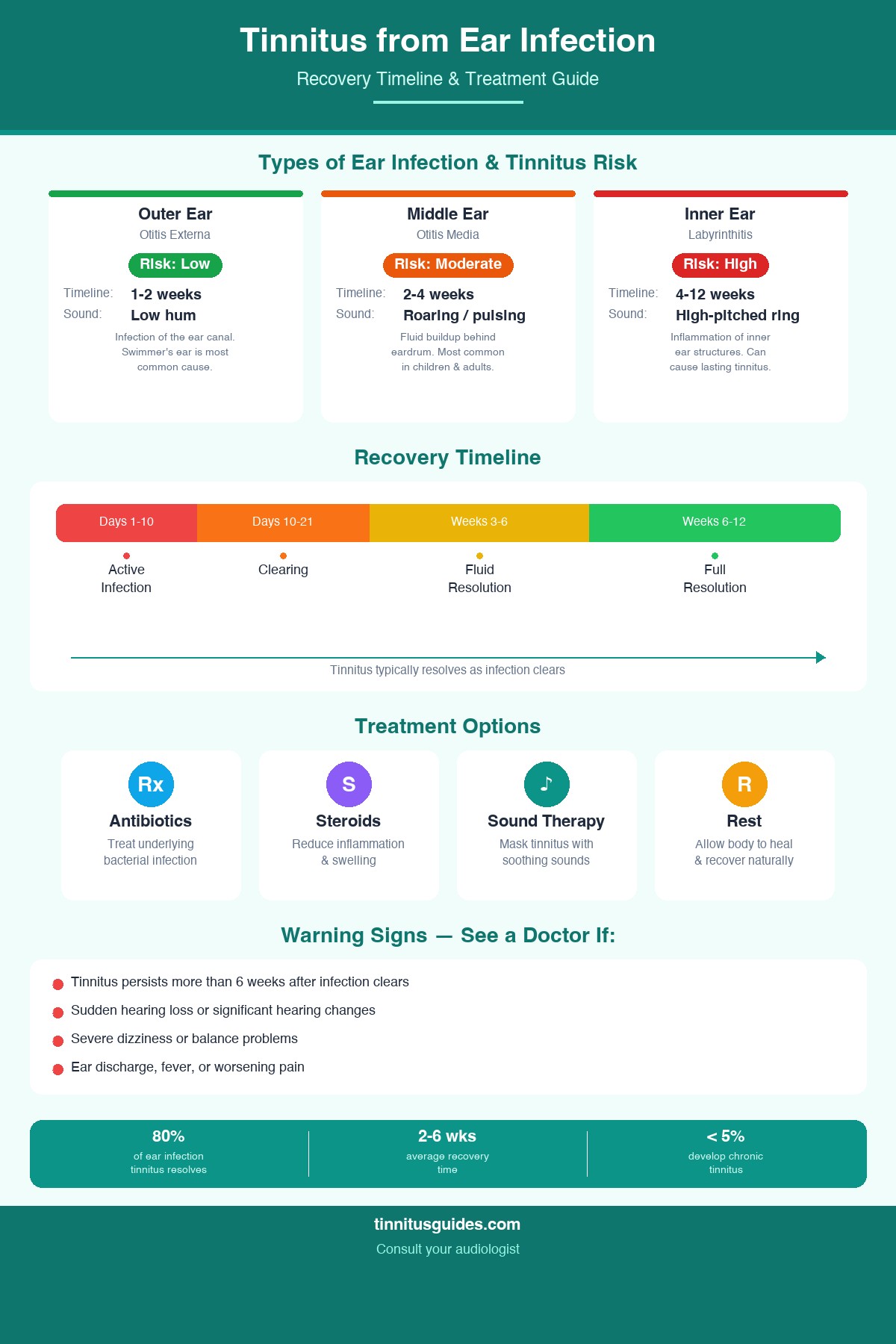 Complete infographic showing ear infection types, tinnitus risk levels, recovery timelines, and treatment flowchart