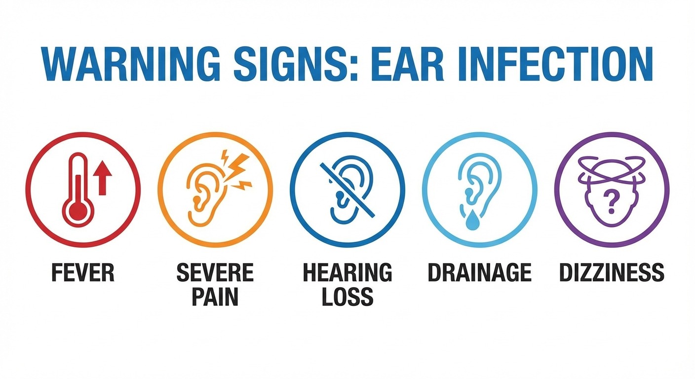Infographic showing warning signs that require medical attention for ear infection