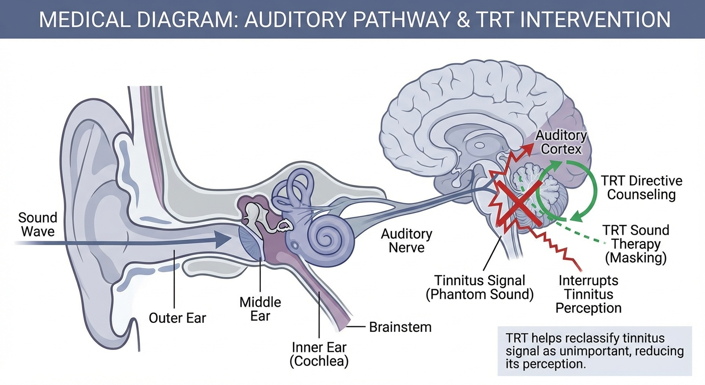 Anatomical illustration of the auditory pathway showing how tinnitus retraining therapy intervenes at the limbic system and autonomic nervous system to promote habituation