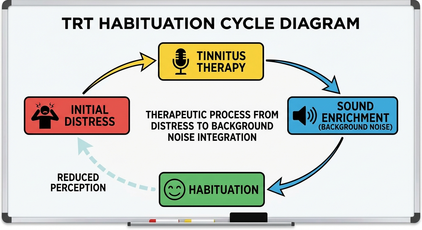 Infographic showing the tinnitus distress feedback loop on the left and how TRT breaks the cycle through directive counseling and sound therapy on the right