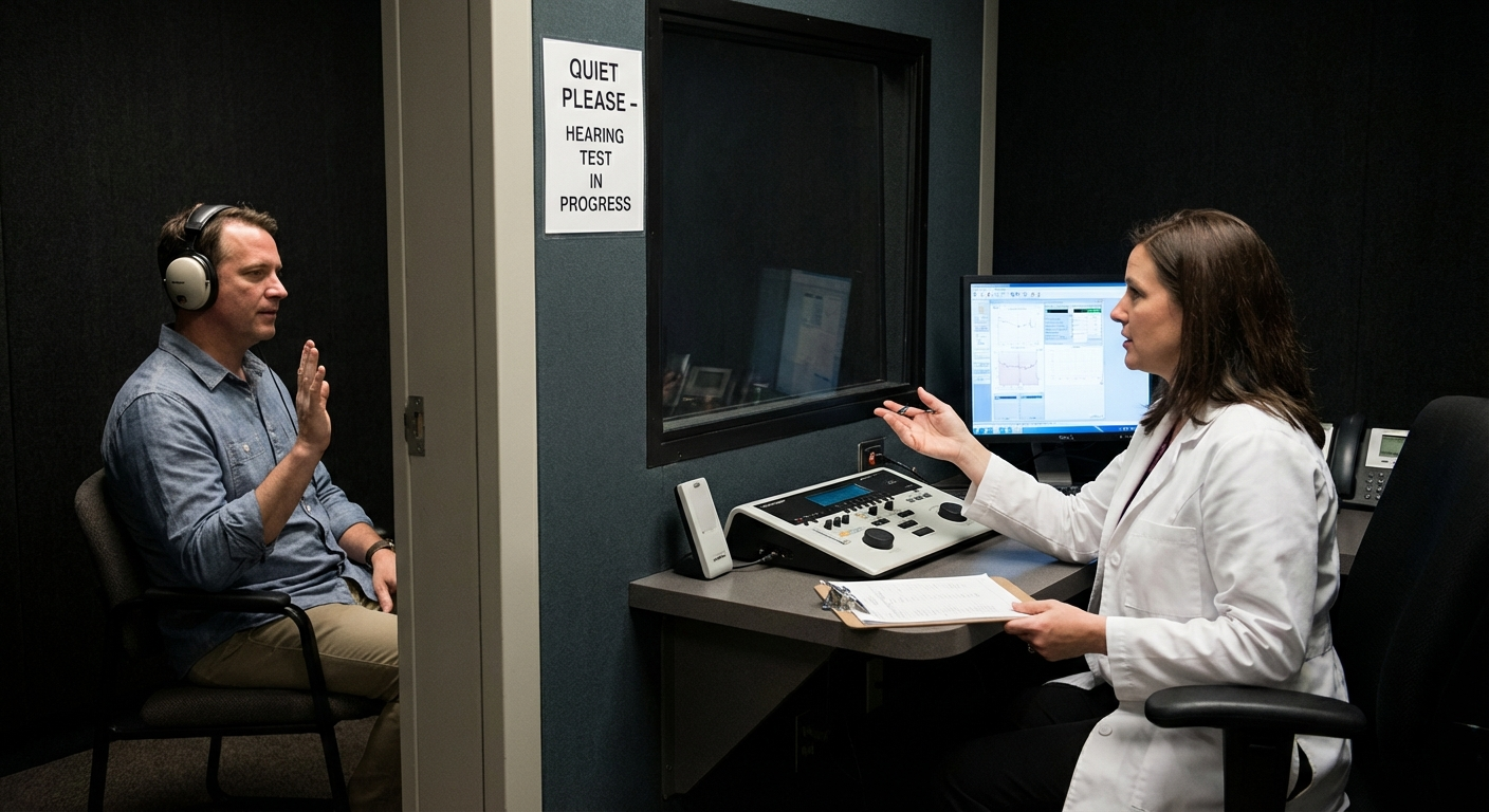Audiologist performing a hearing assessment inside a soundproof booth, with audiogram results displayed on a monitor