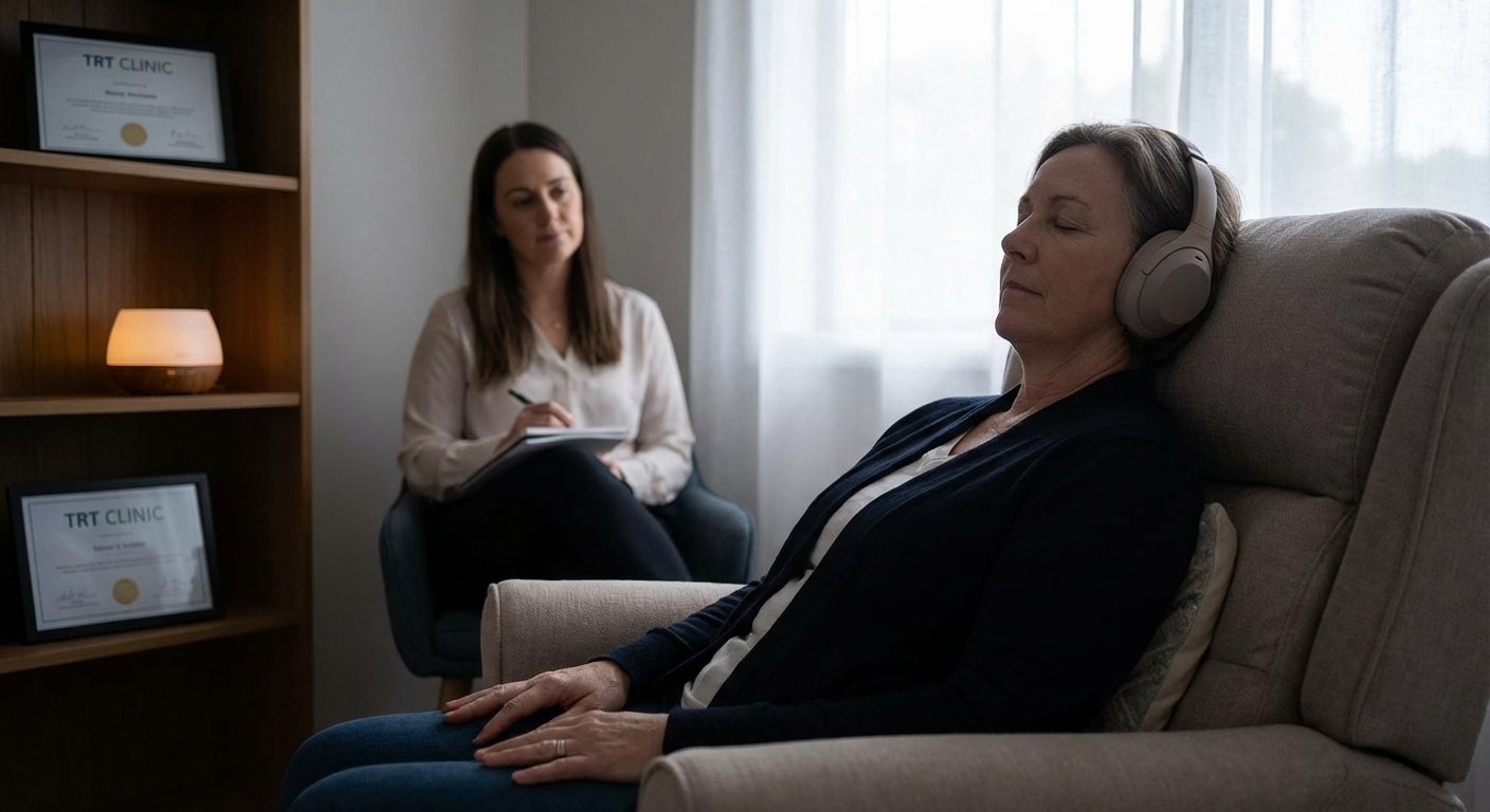Person practicing mindfulness meditation in a quiet room with soft ambient lighting, supporting the stress reduction component of TRT