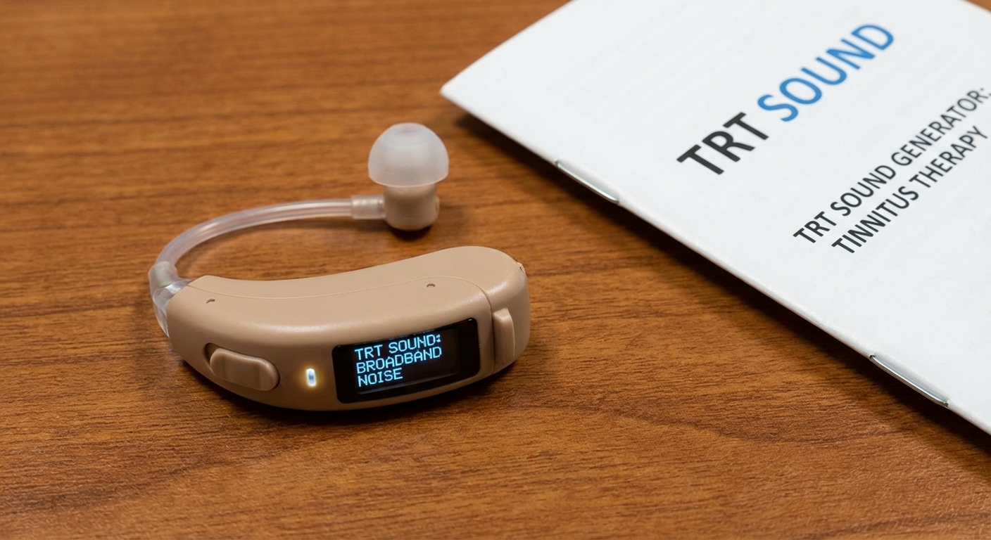 Close-up of a modern behind-the-ear sound generator device worn discreetly, similar in appearance to a sleek hearing aid