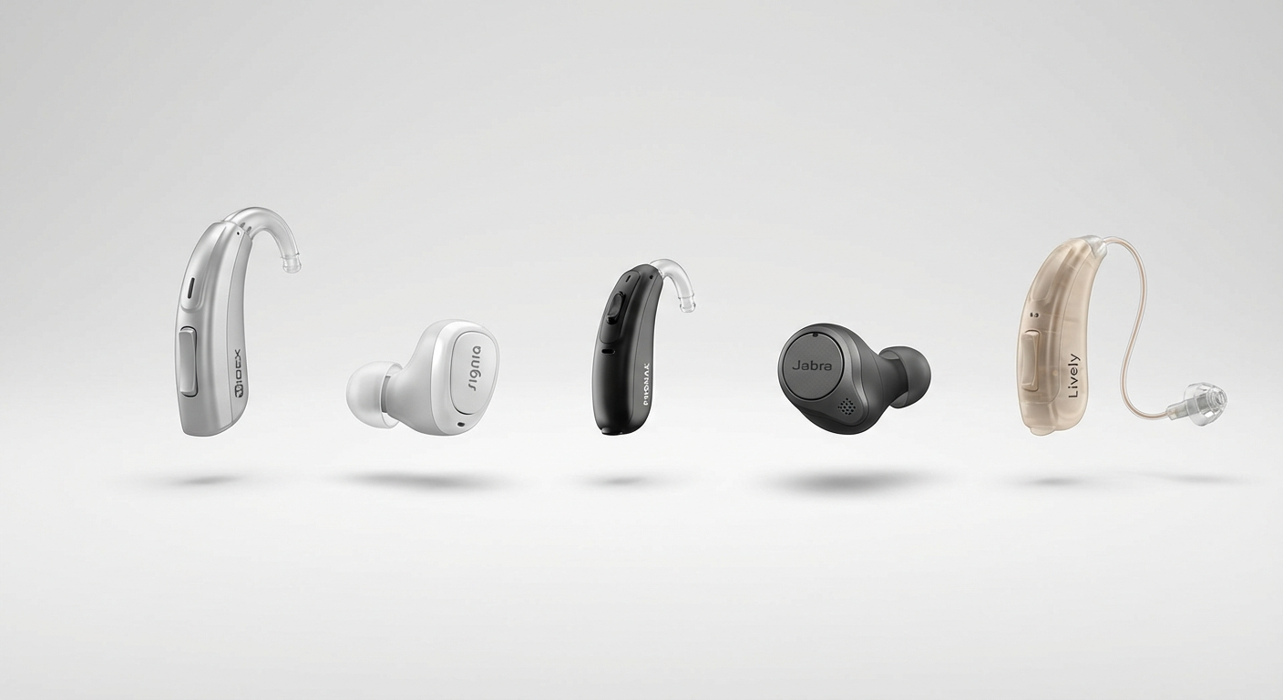 Product comparison showing five modern hearing aids side by side: Widex Moment, Signia Active, Phonak Audeo, Jabra Enhance, and Lively