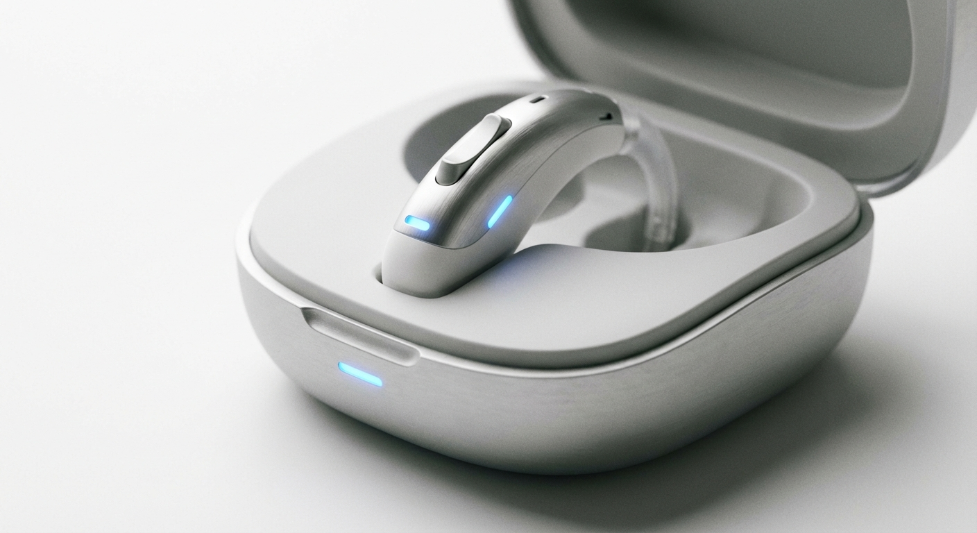 Modern rechargeable hearing aid in its charging case with soft blue LED indicators
