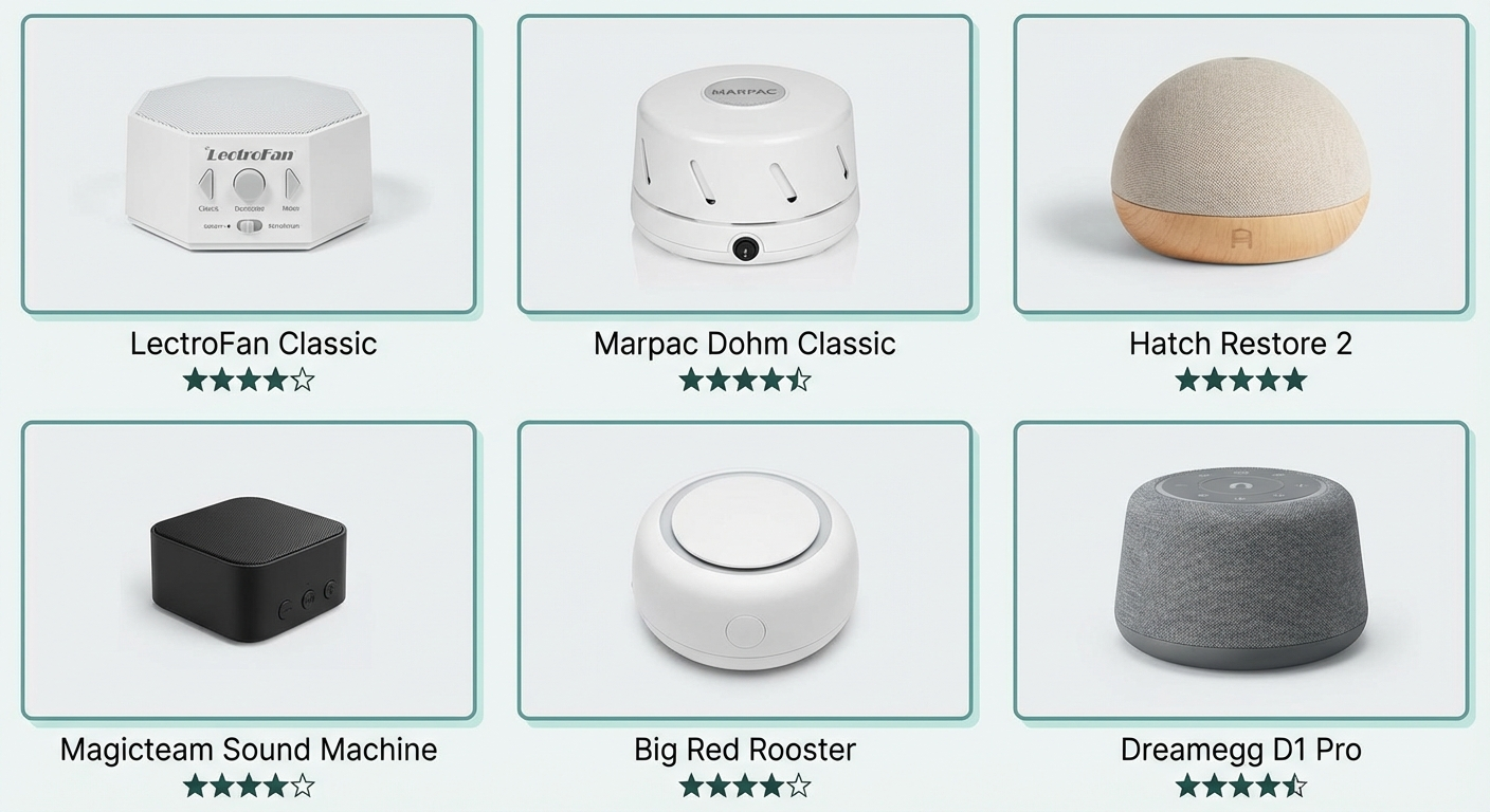 A product photo-style comparison image showing all six sound machines 