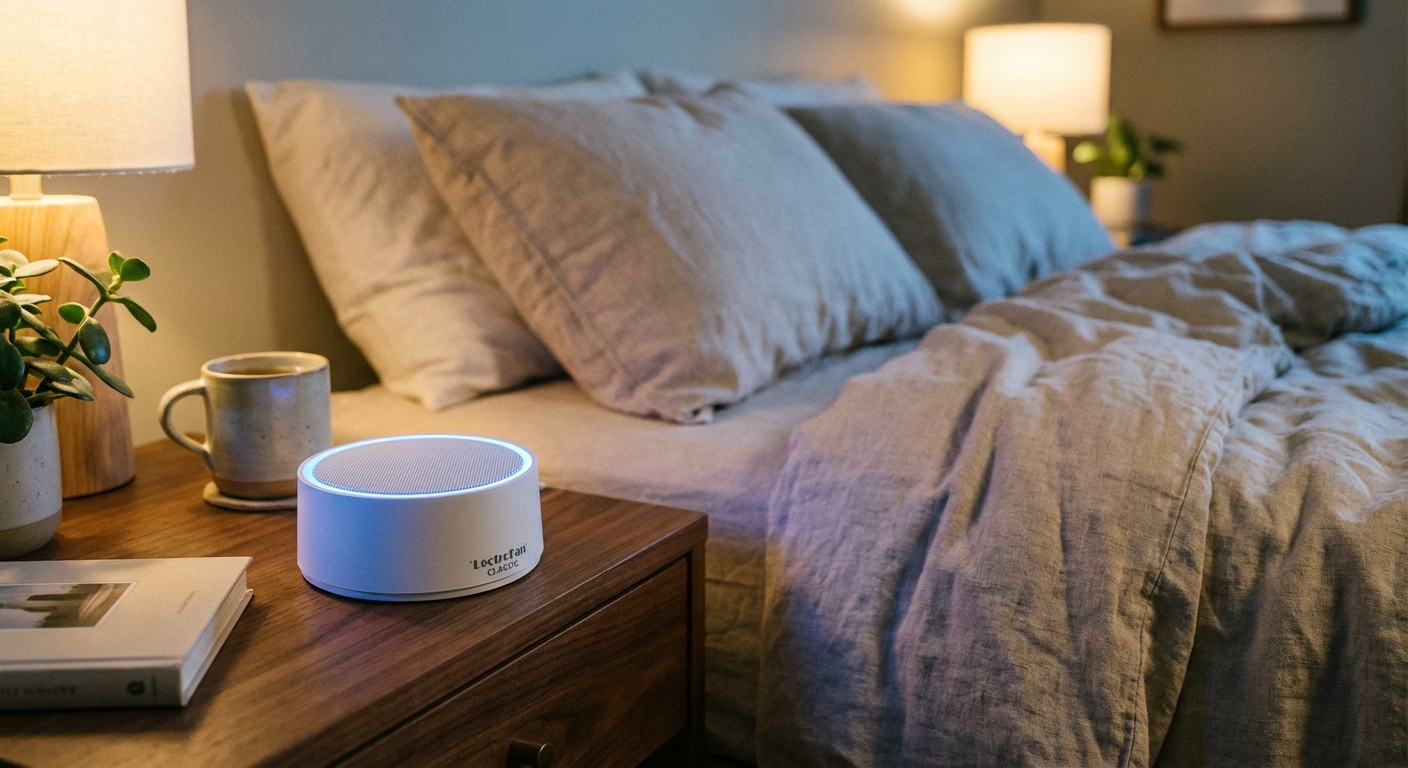 A close-up lifestyle photo of the LectroFan Classic sound machine on a