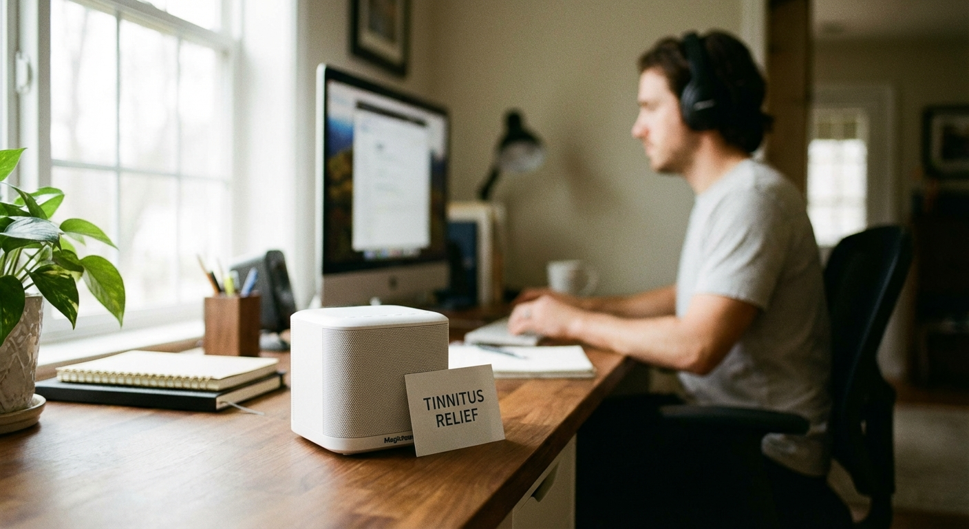 A lifestyle photo of a compact white sound machine (Magicteam style) p