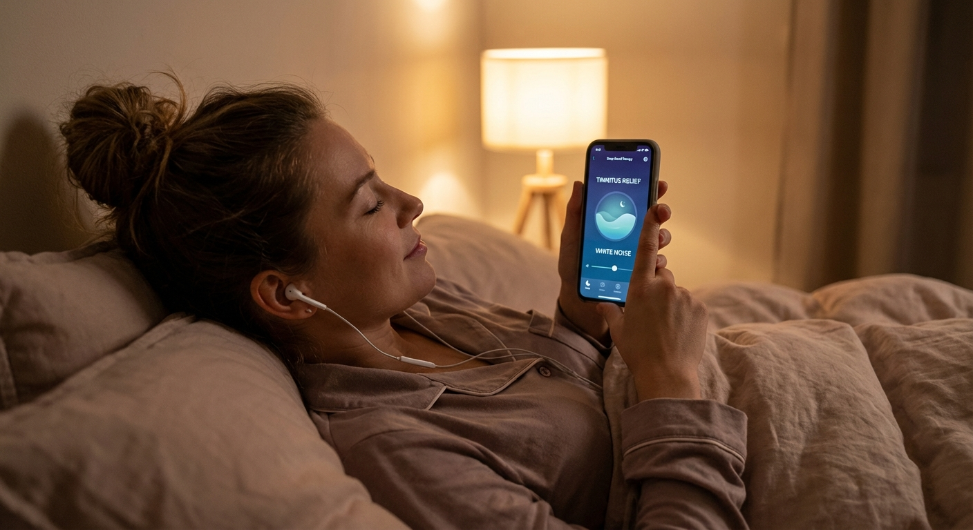 Person using sound therapy app on phone before bedtime for tinnitus relief