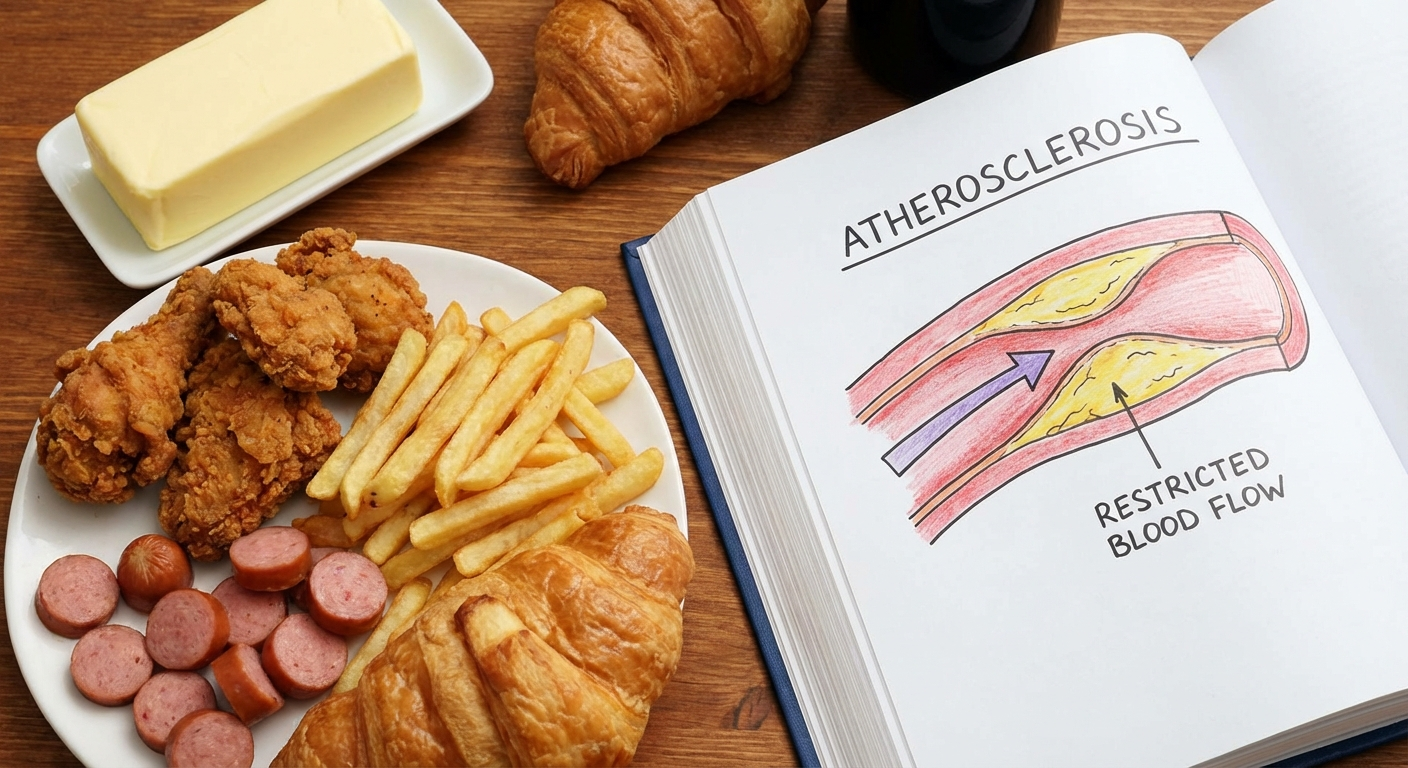 Butter, fried food, processed meat, and pastry with artery cross-section illustration showing restricted blood flow