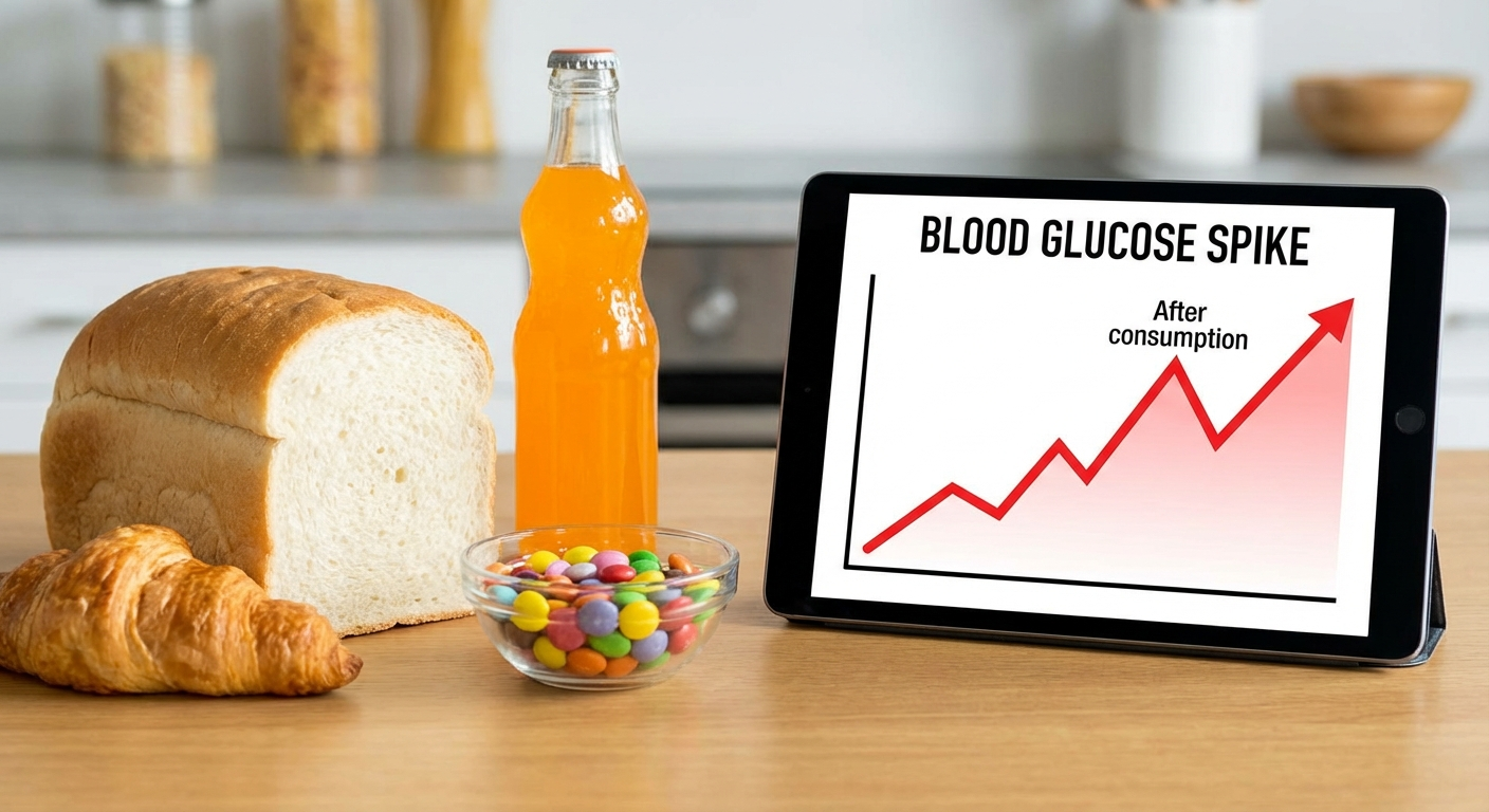 White bread, pastries, soft drinks, and candy with blood glucose spike graph illustration