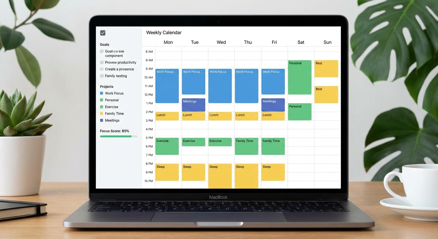 Time-blocked weekly calendar view showing colour-coded work and personal blocks