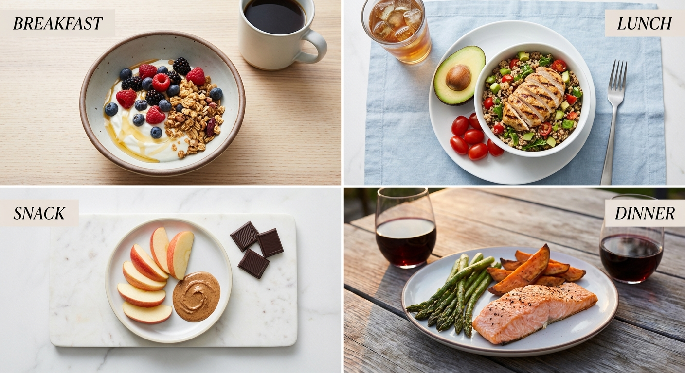 One-day meal plan laid out visually with breakfast, lunch, dinner, and snack components shown as styled food photos