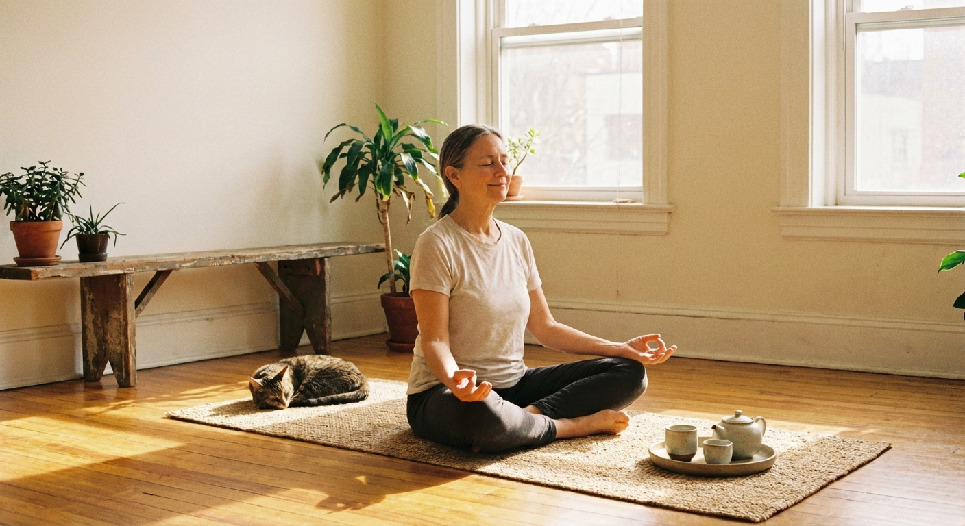 Contextual photograph of a person sitting in a calm, sunlit room with 